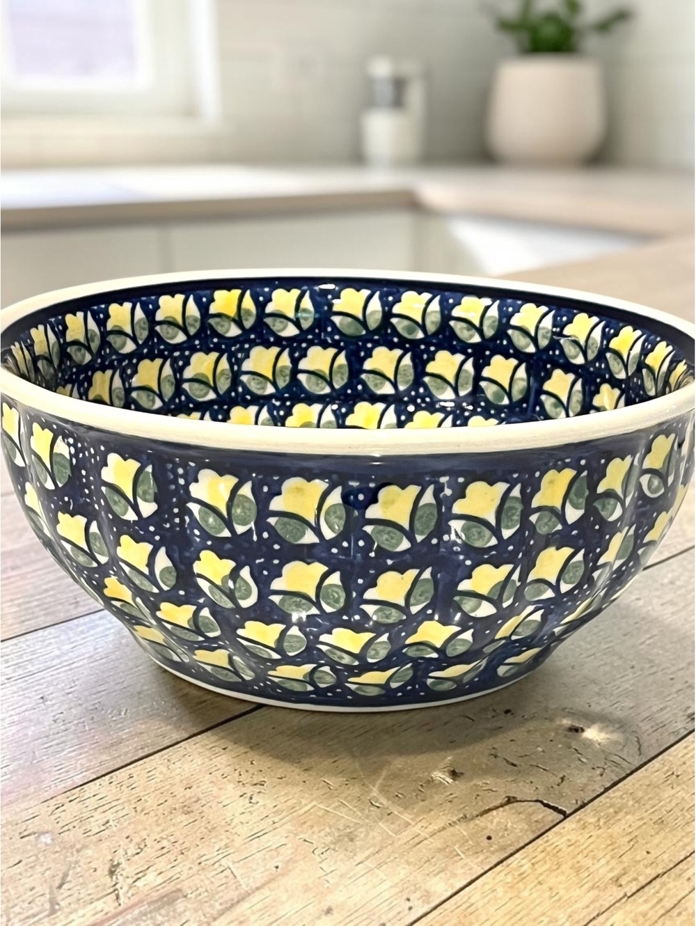 Manufaktura Polish Pottery 9” Serving Bowl Blue Yellow Floral Handmade Poland